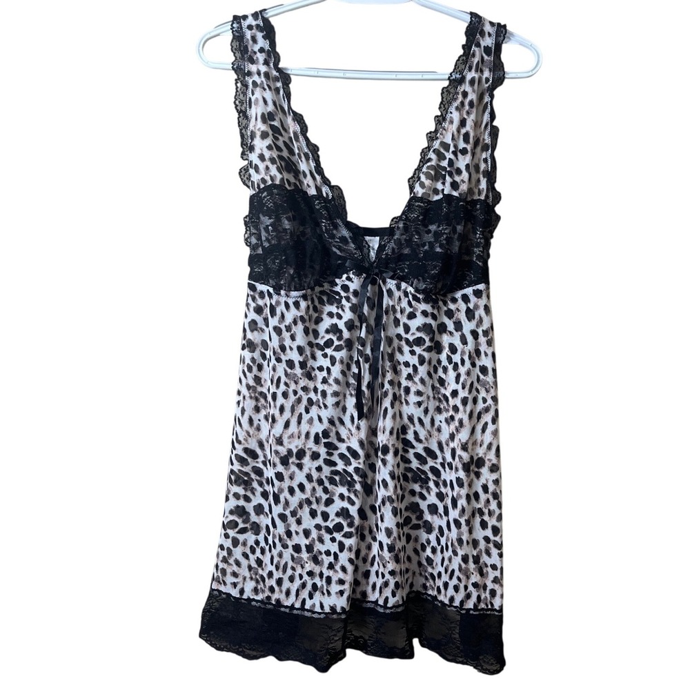 Leopard Print Lace Trim Babydoll Chemise G-String Set 2X Y2K Aesthetic Lingerie